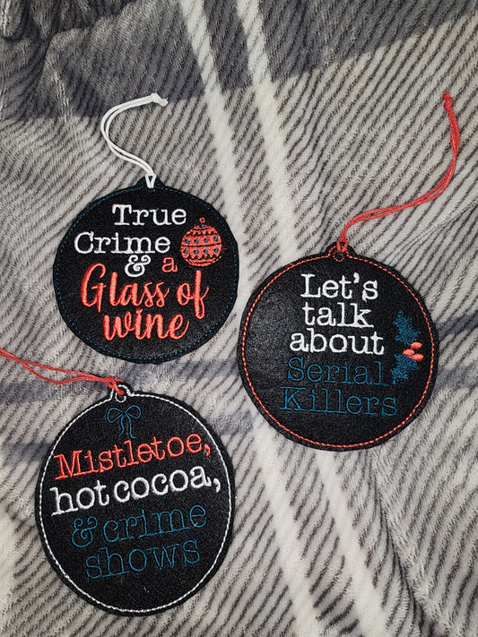 Set of 3 True Crime Embroidered Ornaments