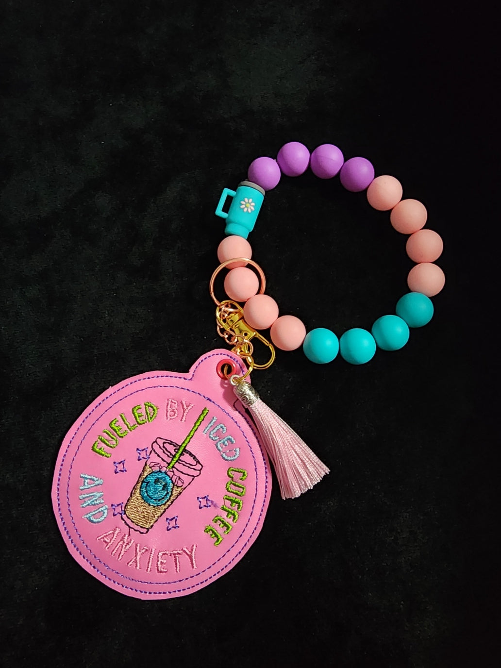 Beaded Wristlet Pink and Girly Embroidered Fueled by Iced Coffee and Anxiety