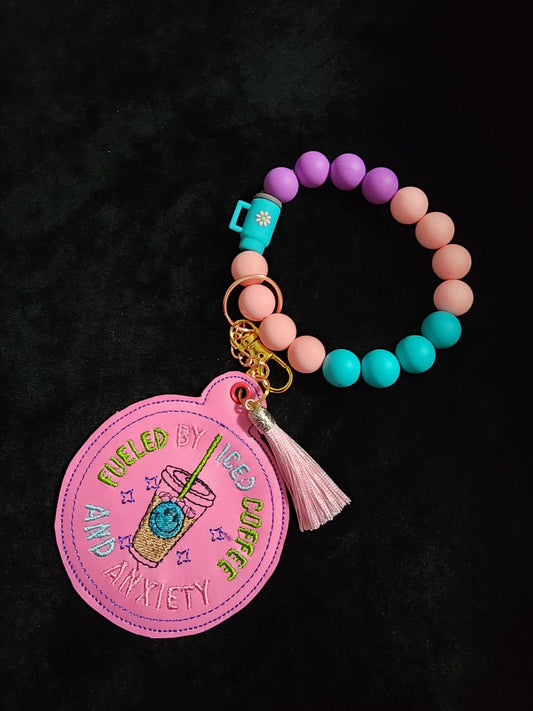 Beaded Wristlet Pink and Girly Embroidered Fueled by Iced Coffee and Anxiety