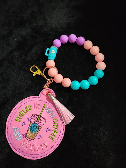 Beaded Wristlet Pink and Girly Embroidered Fueled by Iced Coffee and Anxiety
