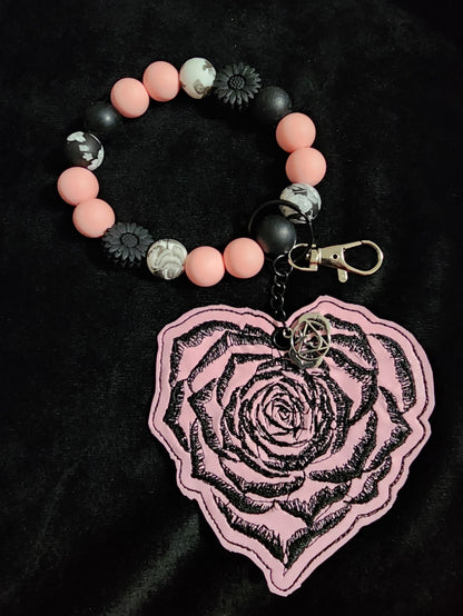 Beaded Wristlet Pink and Black with Embroidered Rose Heart