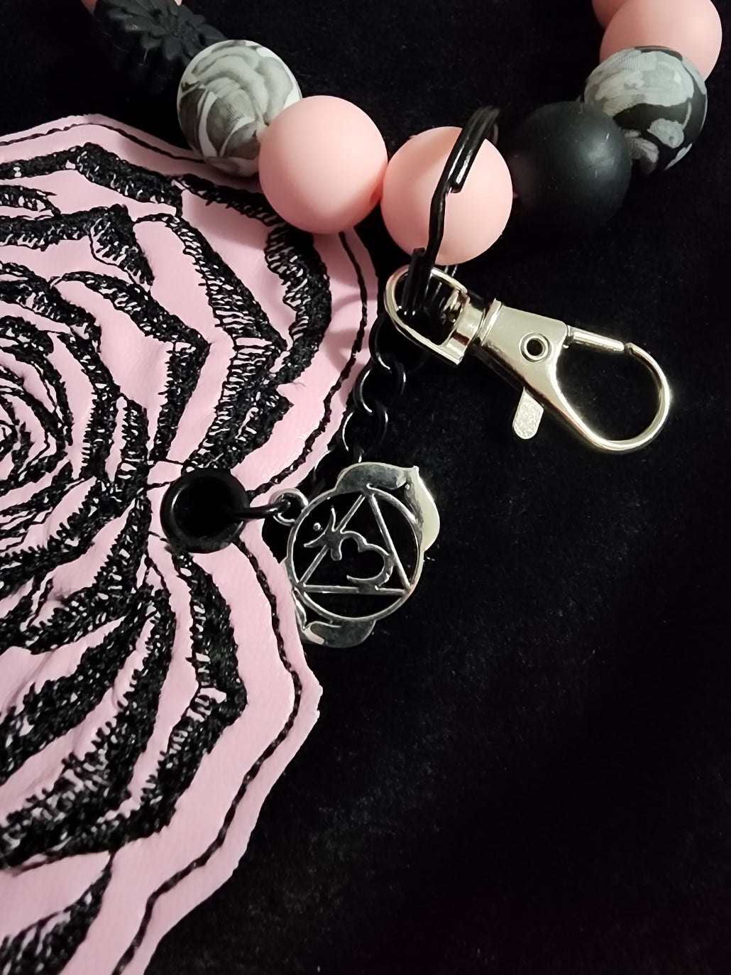 Beaded Wristlet Pink and Black with Embroidered Rose Heart