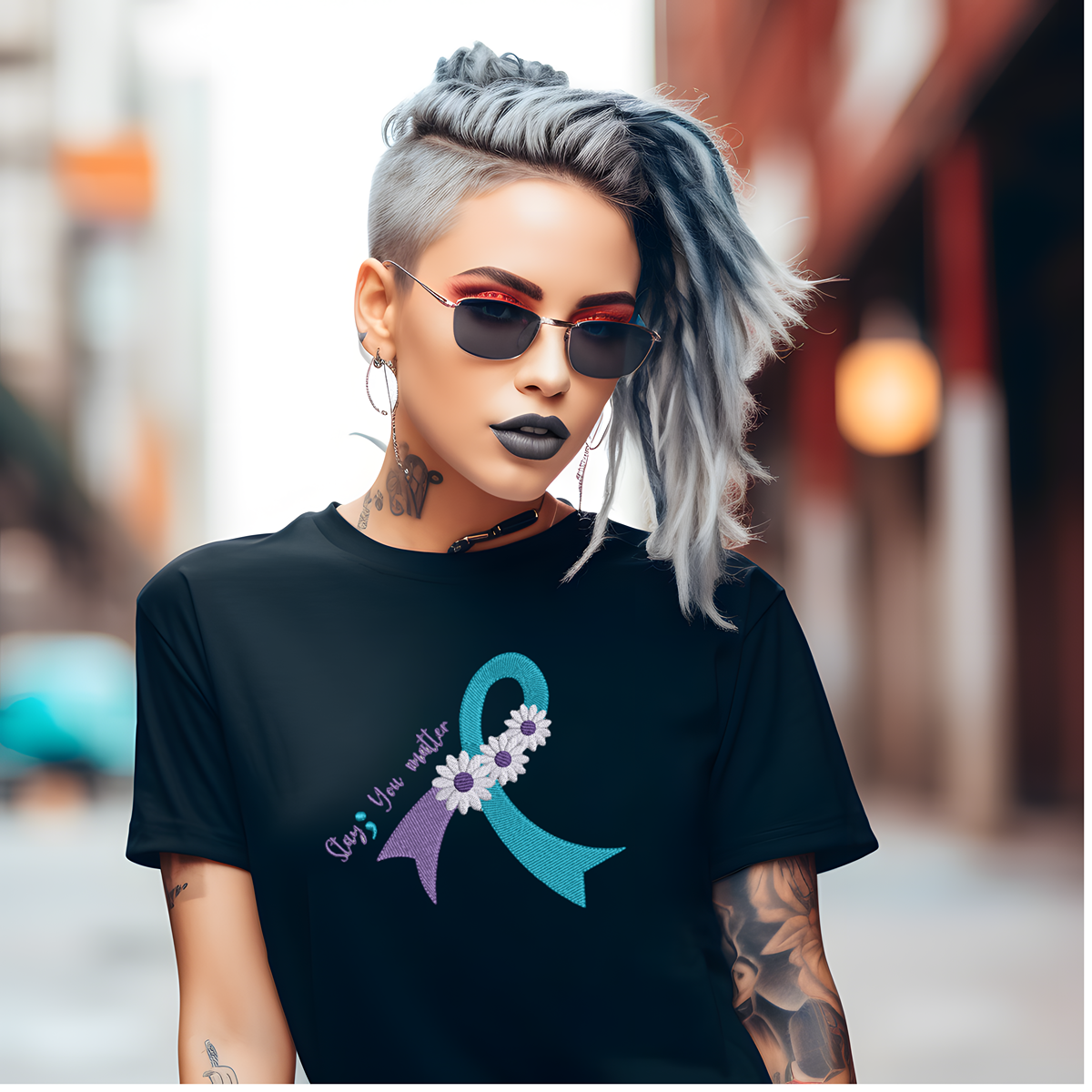 Suicide Prevention Awareness Ribbon Daisy Embroidered Short Sleeve Tshirt