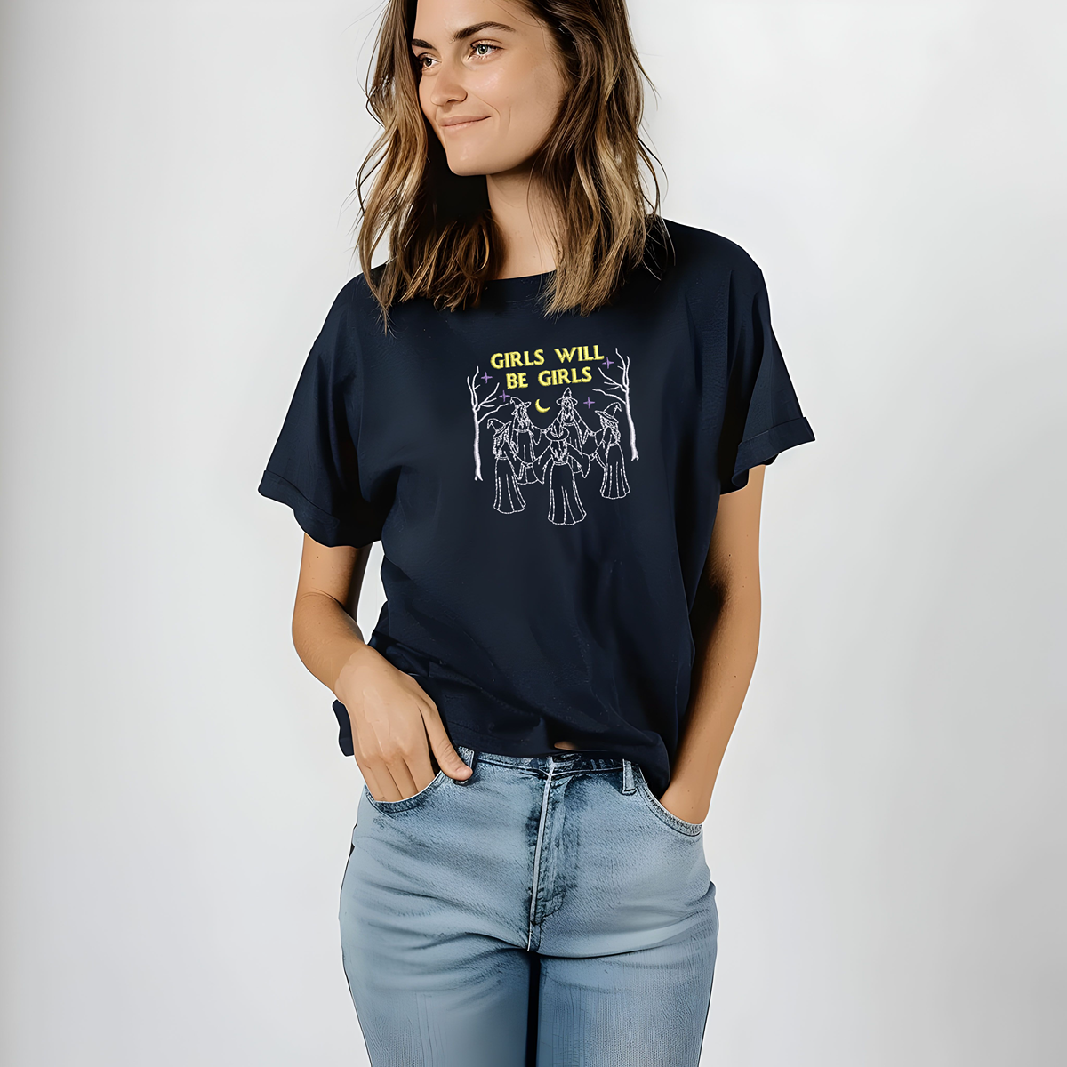 Embroidered Witch Shirt | Girls Will Be Girls T-Shirt S–4X | Gothic Witchy Tee | Plus Size Inclusive | Feminist Halloween Top