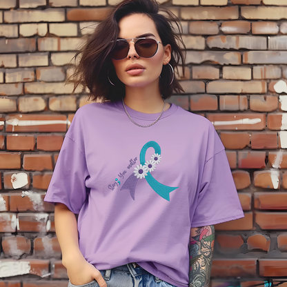 Suicide Prevention Awareness Ribbon Daisy Embroidered Short Sleeve Tshirt