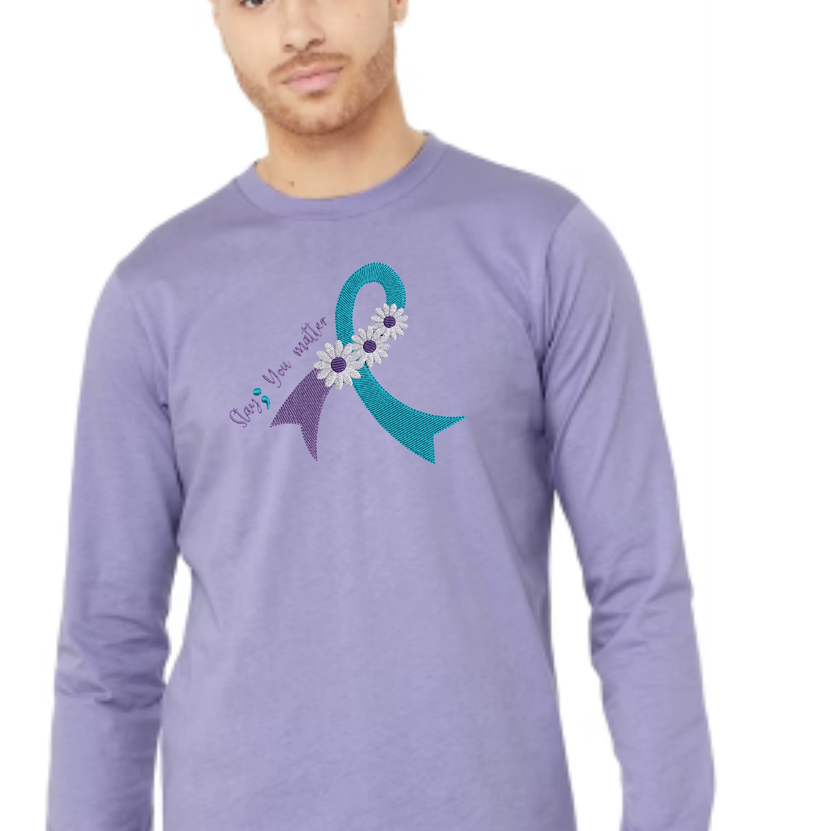 Suicide Prevention Awareness Ribbon Daisy Embroidered Long Sleeve Tshirt