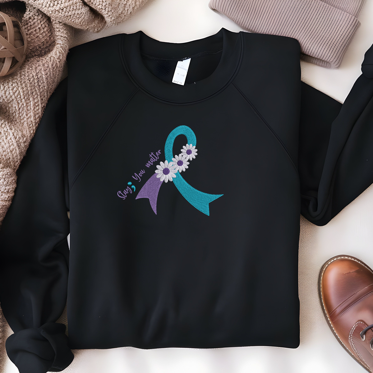 Suicide Prevention Awareness Ribbon Daisy Embroidered Crewneck Sweatshirt