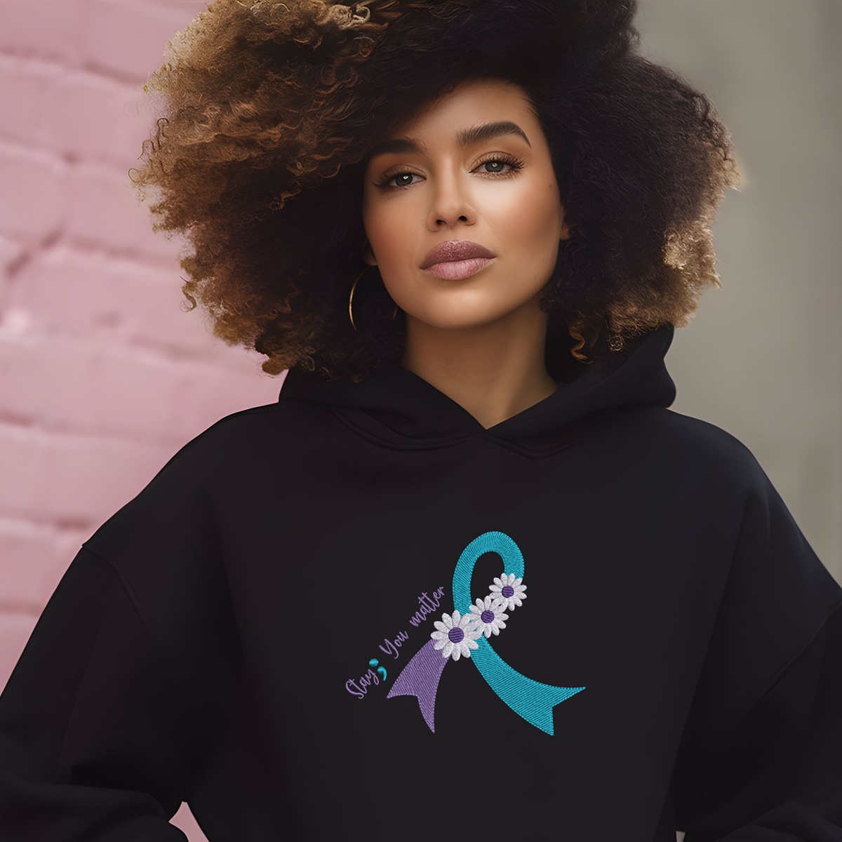 Suicide Prevention Awareness Ribbon Daisy Embroidered Pullover Hoodie Sweatshirt