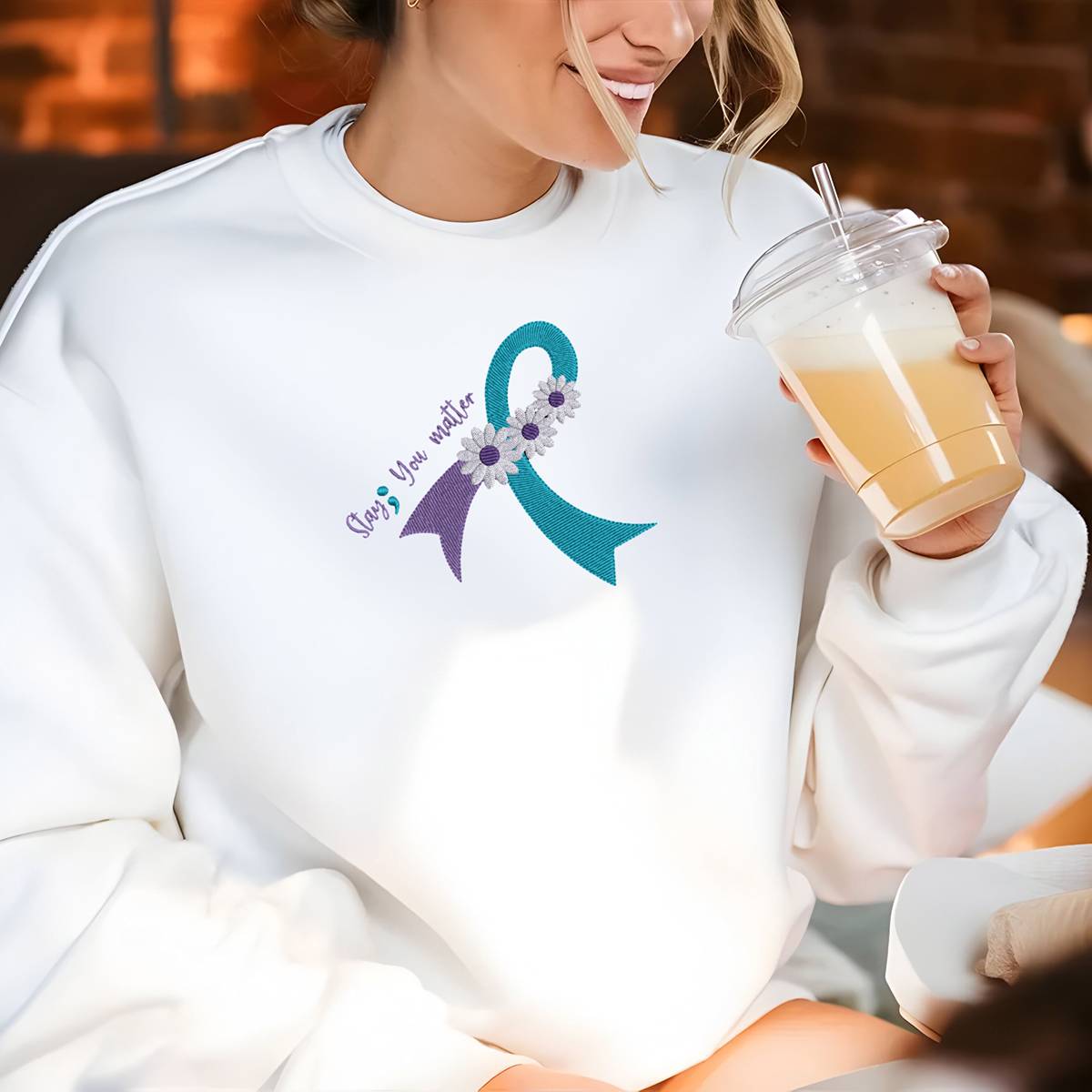 Suicide Prevention Awareness Ribbon Daisy Embroidered Crewneck Sweatshirt