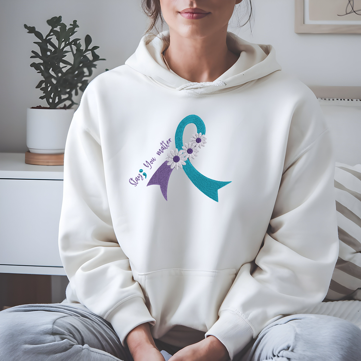 Suicide Prevention Awareness Ribbon Daisy Embroidered Pullover Hoodie Sweatshirt