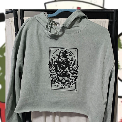 Death Tarot Crop hoodie, boho design, Embroidered dark theme lightweight sweatshirt