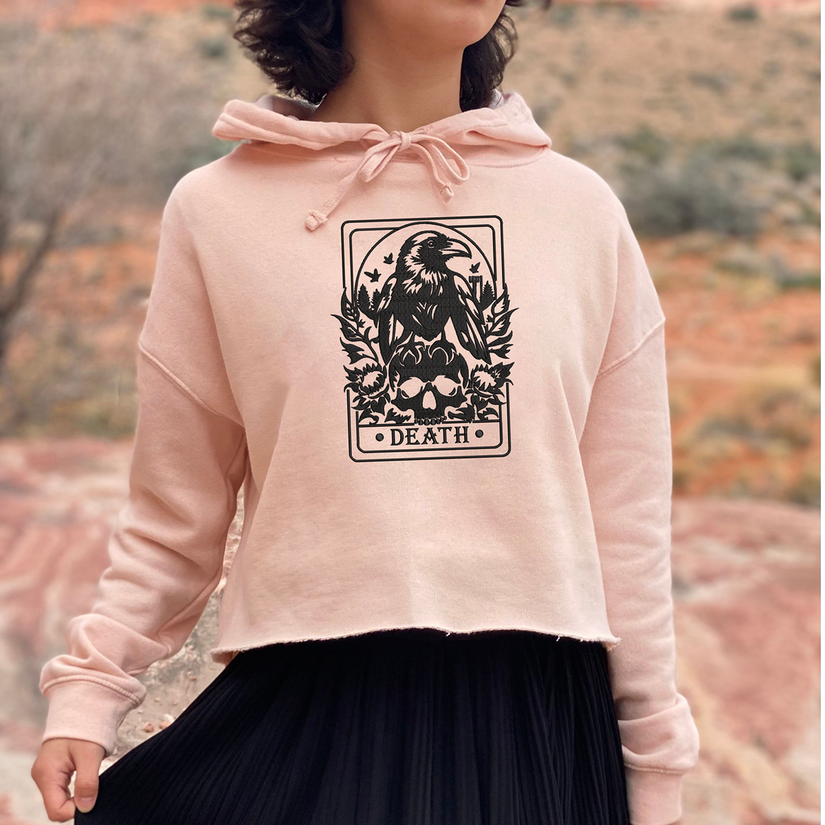 Death Tarot Crop hoodie, boho design, Embroidered dark theme lightweight sweatshirt