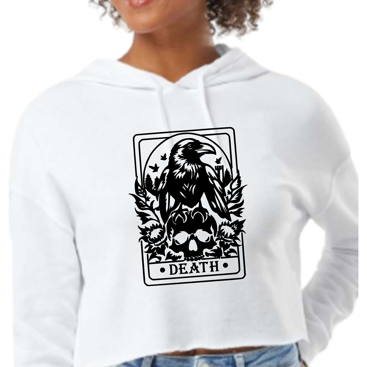 Death Tarot Crop hoodie, boho design, Embroidered dark theme lightweight sweatshirt
