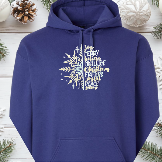 Embroidered Christmas Pullover Hoodie - Snowflake & Holiday Words – Festive Holiday Shirt