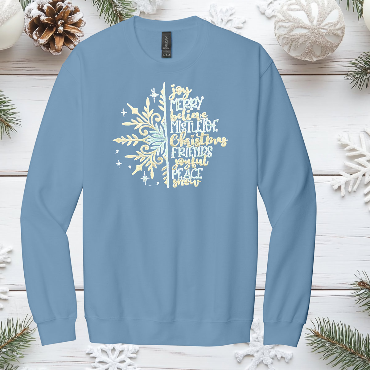 Embroidered Christmas Crewneck Sweatshirt - Snowflake & Holiday Words – Festive Holiday Shirt