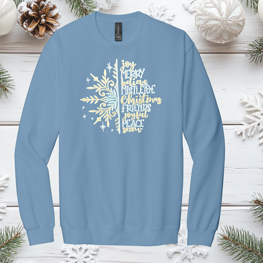 Embroidered Christmas Crewneck Sweatshirt - Snowflake & Holiday Words – Festive Holiday Shirt