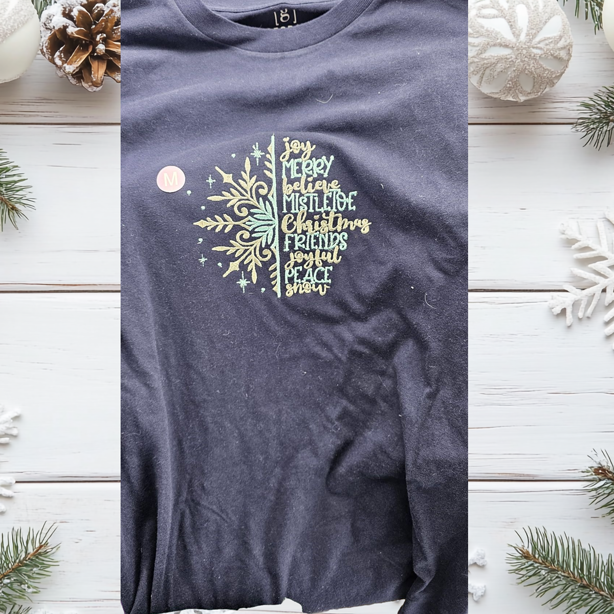 Embroidered Christmas Pullover Hoodie - Snowflake & Holiday Words – Festive Holiday Shirt