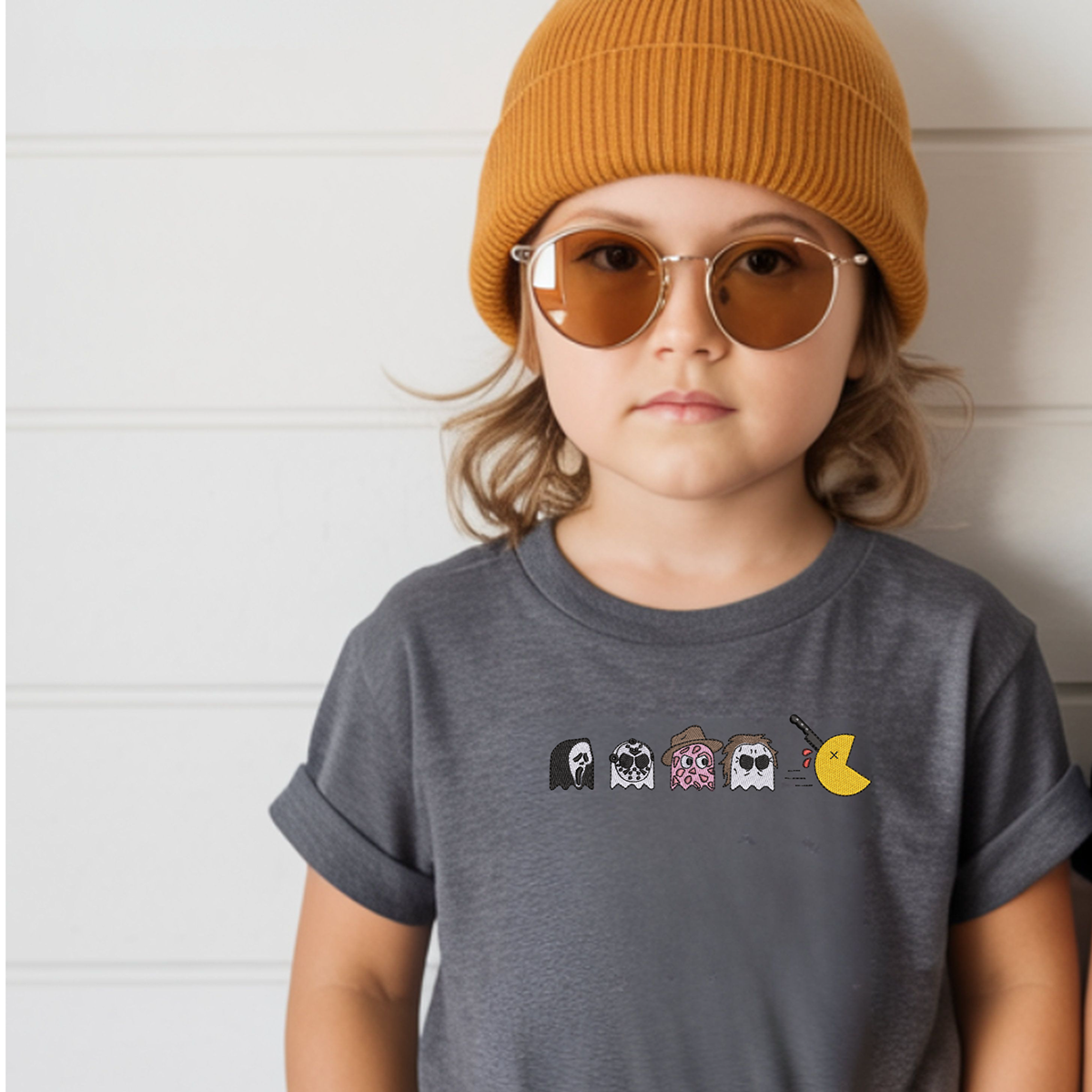 Matching Embroidered Horror Ghosts T-Shirt – Kids & Adults | Pink or Dark Grey