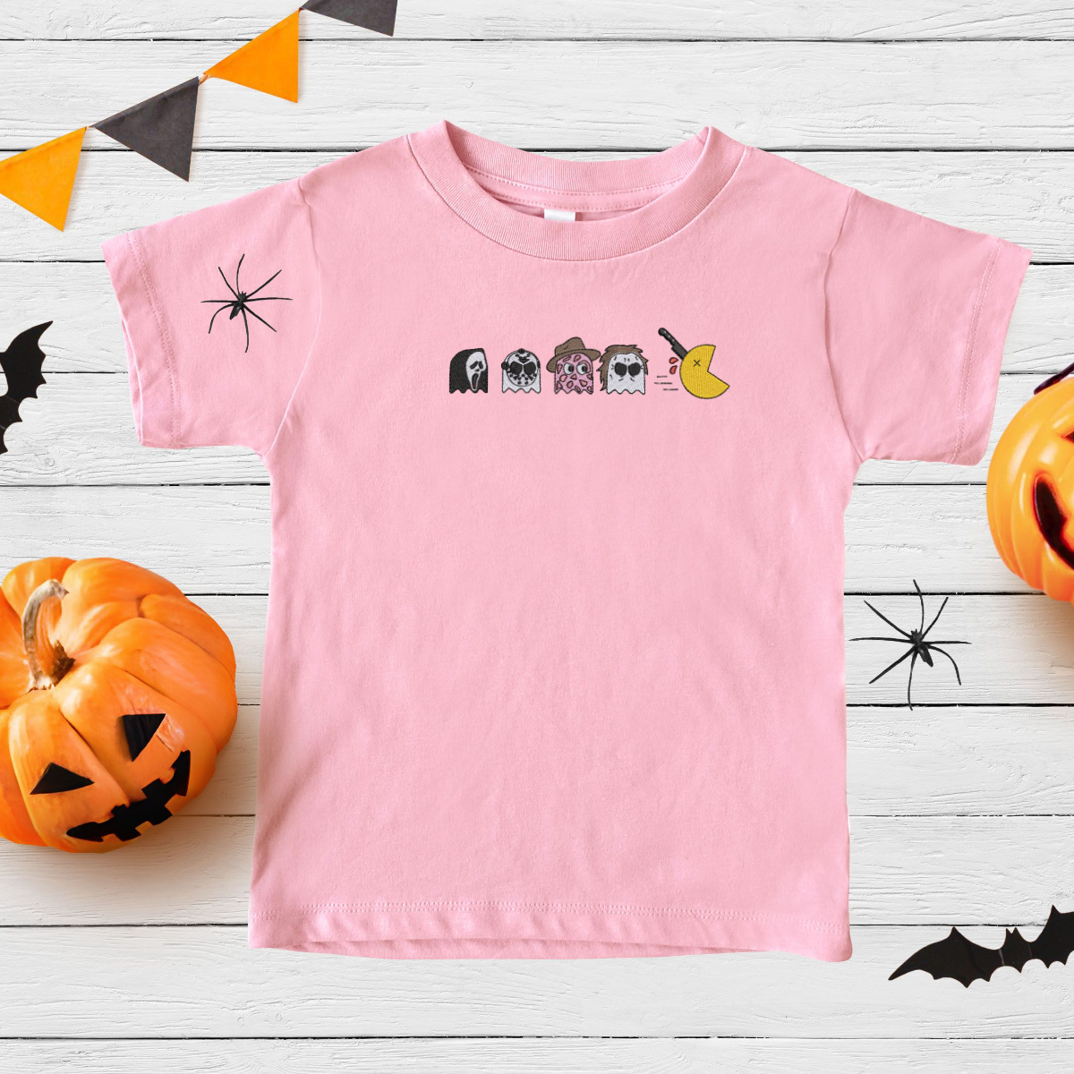 Matching Embroidered Horror Ghosts T-Shirt – Kids & Adults | Pink or Dark Grey